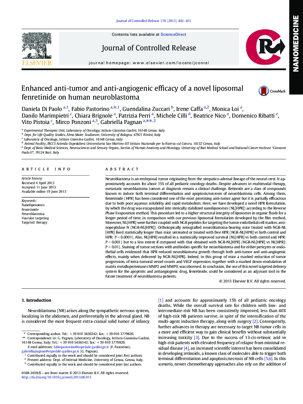 Enhanced anti-tumor and anti-angiogenic efficacy of a novel liposomal fenretinide on human neuroblastoma