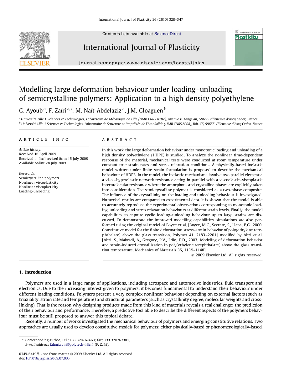 Modelling large deformation behaviour under loading–unloading of semicrystalline polymers: Application to a high density polyethylene