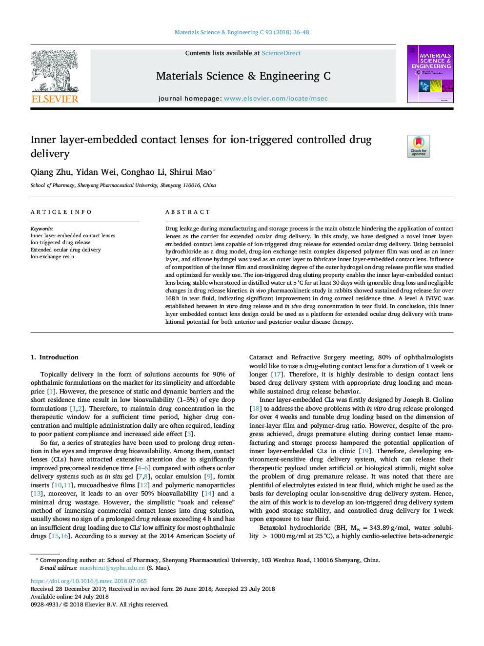 Inner layer-embedded contact lenses for ion-triggered controlled drug delivery