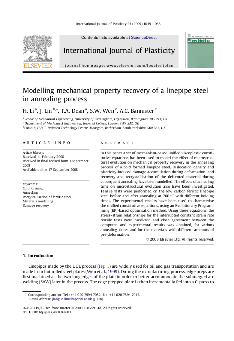 Modelling mechanical property recovery of a linepipe steel in annealing process