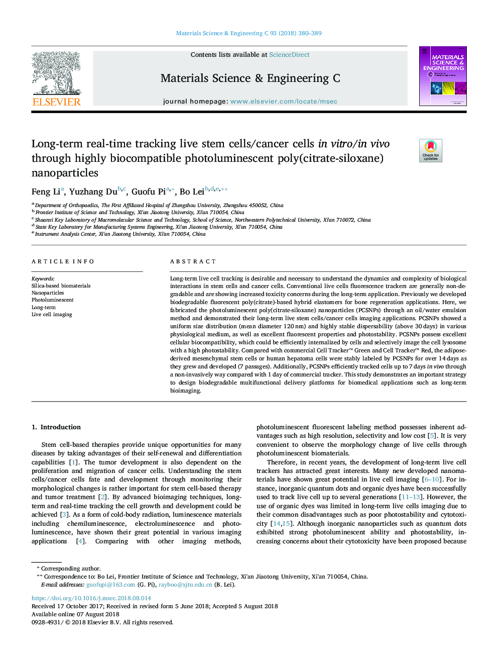 Long-term real-time tracking live stem cells/cancer cells in vitro/in vivo through highly biocompatible photoluminescent poly(citrate-siloxane) nanoparticles