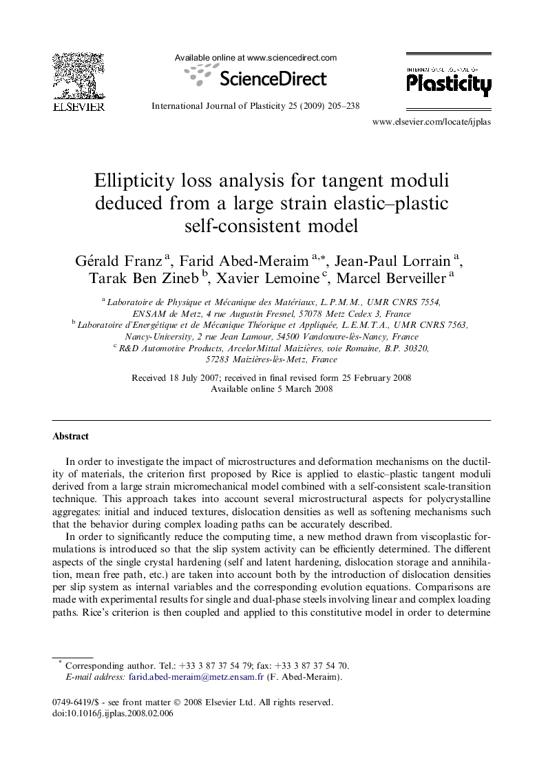 Ellipticity loss analysis for tangent moduli deduced from a large strain elastic–plastic self-consistent model