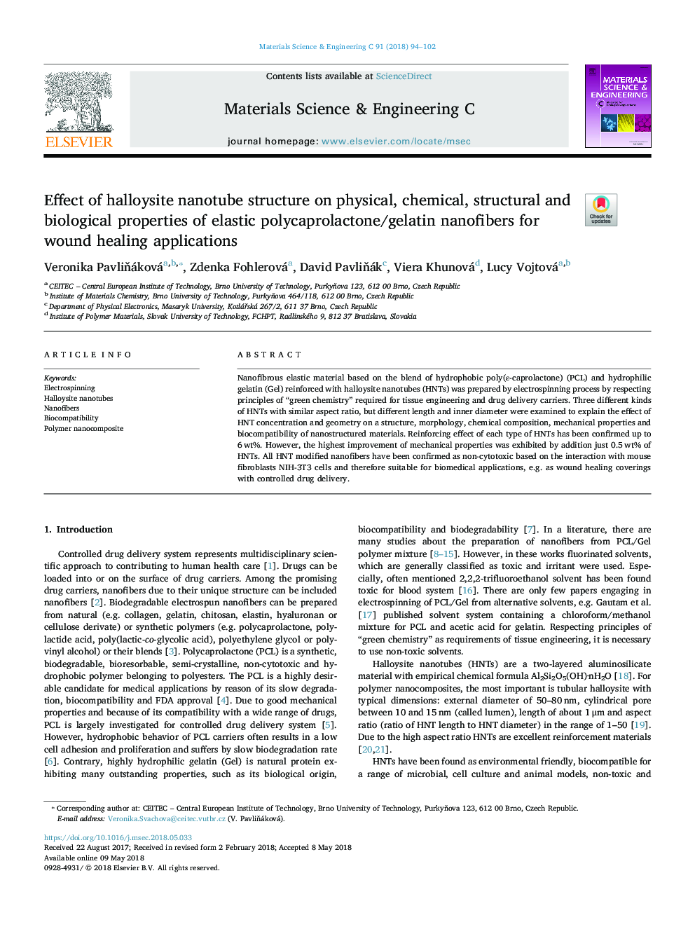 Effect of halloysite nanotube structure on physical, chemical, structural and biological properties of elastic polycaprolactone/gelatin nanofibers for wound healing applications