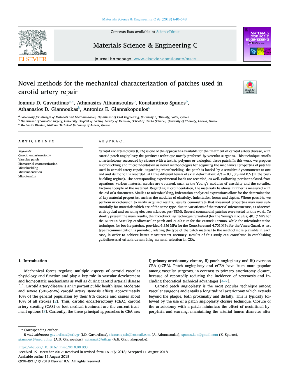 Novel methods for the mechanical characterization of patches used in carotid artery repair