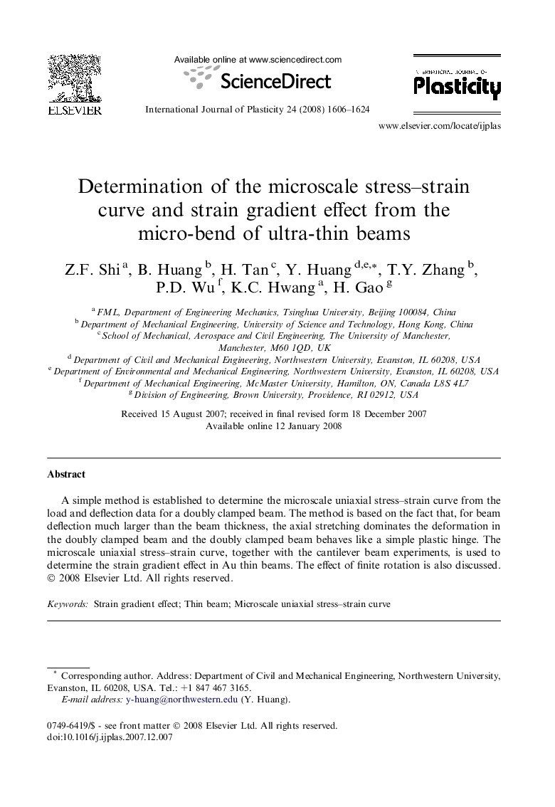 Determination of the microscale stress–strain curve and strain gradient effect from the micro-bend of ultra-thin beams