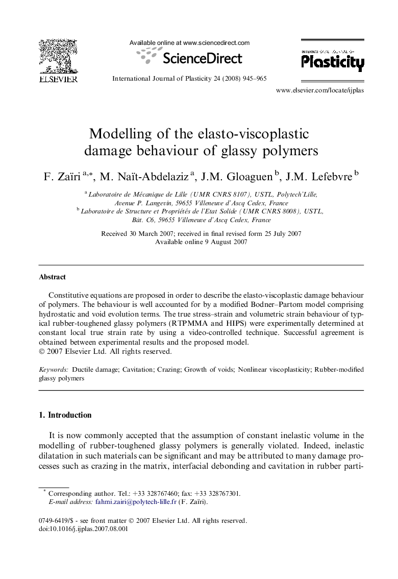 Modelling of the elasto-viscoplastic damage behaviour of glassy polymers