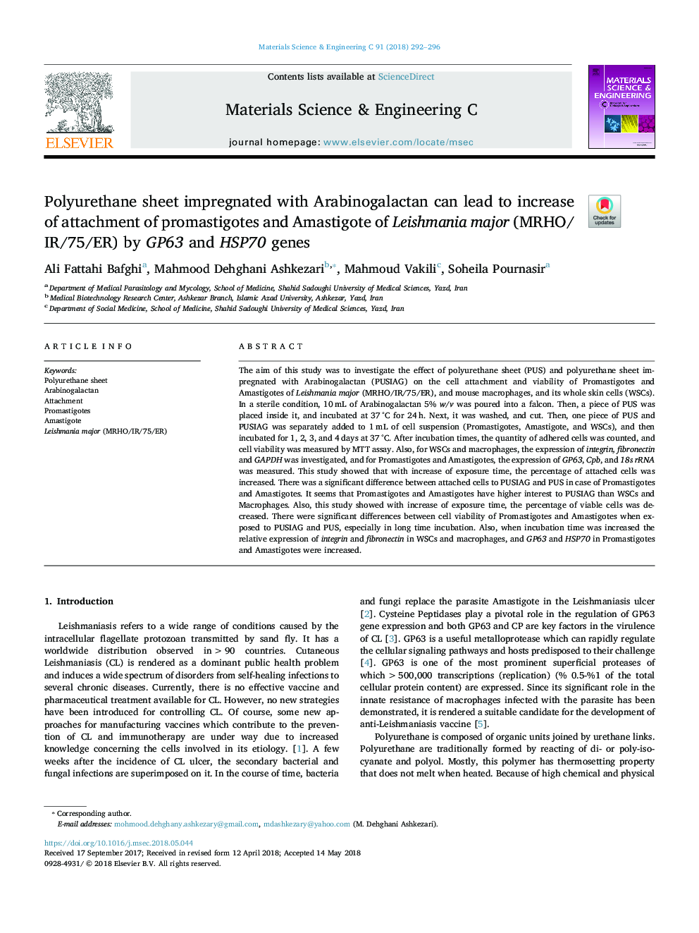 Polyurethane sheet impregnated with Arabinogalactan can lead to increase of attachment of promastigotes and Amastigote of Leishmania major (MRHO/IR/75/ER) by GP63 and HSP70 genes