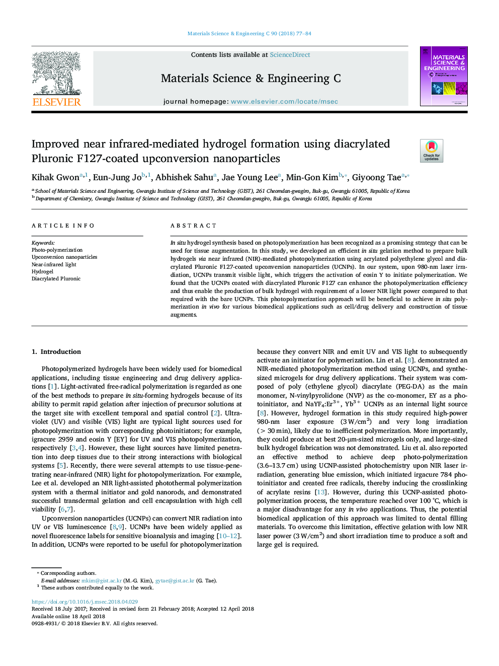 Improved near infrared-mediated hydrogel formation using diacrylated Pluronic F127-coated upconversion nanoparticles