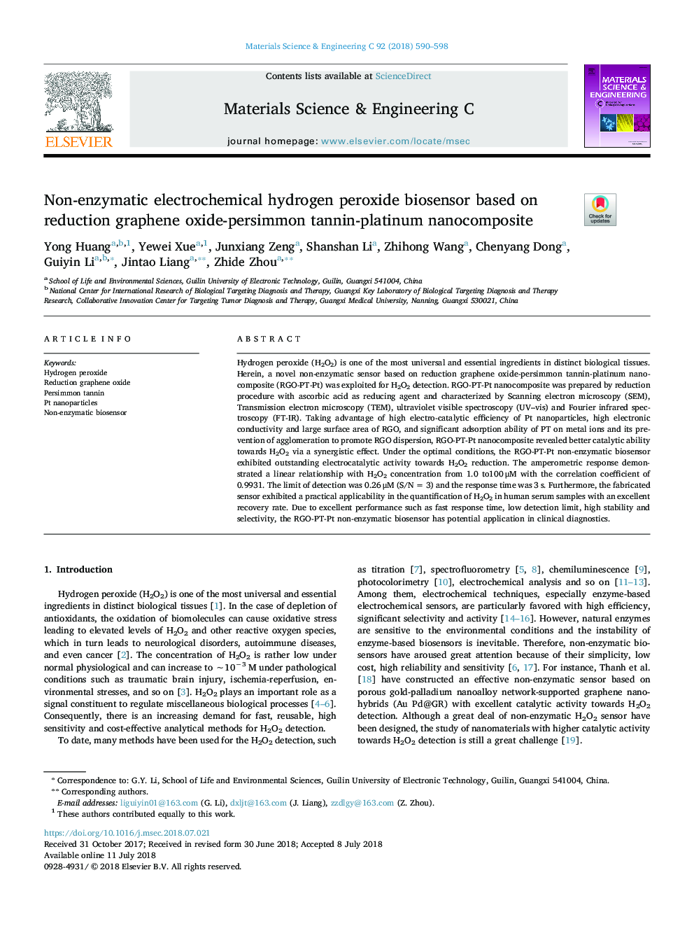 Non-enzymatic electrochemical hydrogen peroxide biosensor based on reduction graphene oxide-persimmon tanninâplatinum nanocomposite