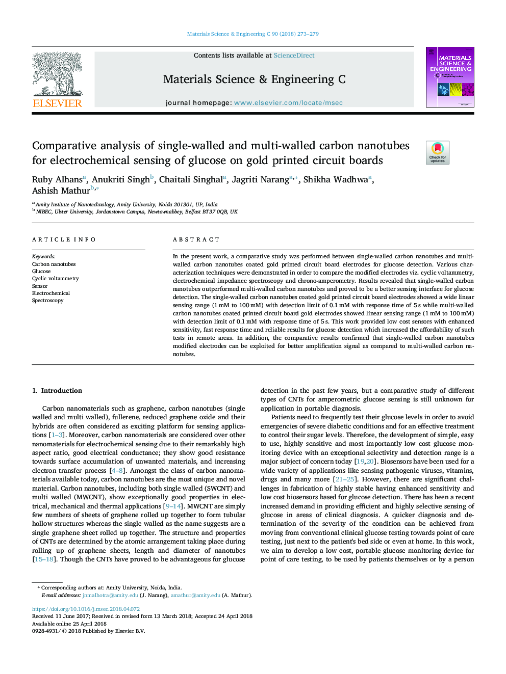 Comparative analysis of single-walled and multi-walled carbon nanotubes for electrochemical sensing of glucose on gold printed circuit boards