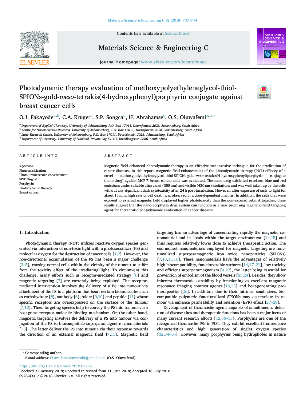 Photodynamic therapy evaluation of methoxypolyethyleneglycol-thiol-SPIONs-gold-meso-tetrakis(4-hydroxyphenyl)porphyrin conjugate against breast cancer cells