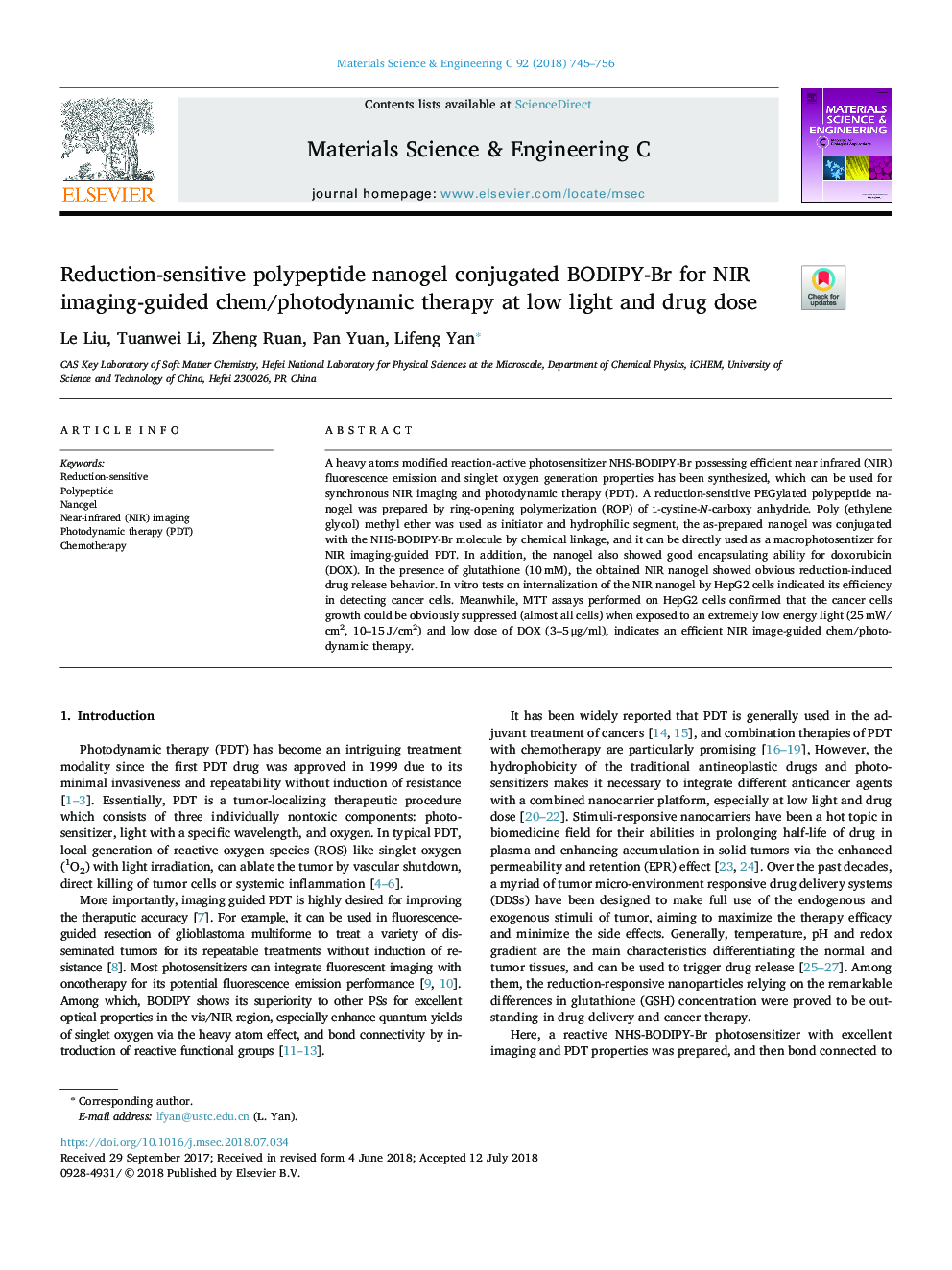 Reduction-sensitive polypeptide nanogel conjugated BODIPY-Br for NIR imaging-guided chem/photodynamic therapy at low light and drug dose