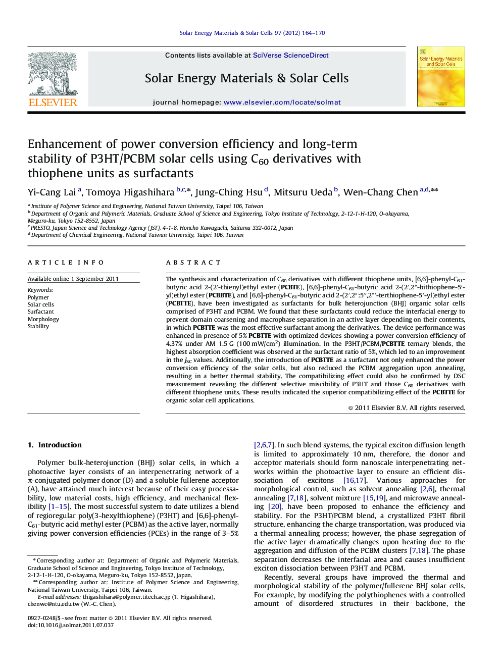 Enhancement of power conversion efficiency and long-term stability of P3HT/PCBM solar cells using C60 derivatives with thiophene units as surfactants