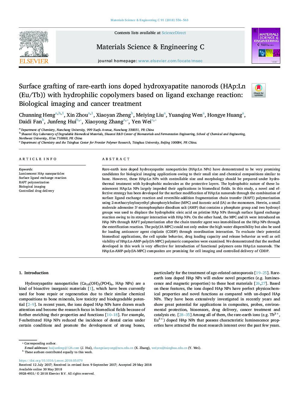 Surface grafting of rare-earth ions doped hydroxyapatite nanorods (HAp:Ln(Eu/Tb)) with hydrophilic copolymers based on ligand exchange reaction: Biological imaging and cancer treatment