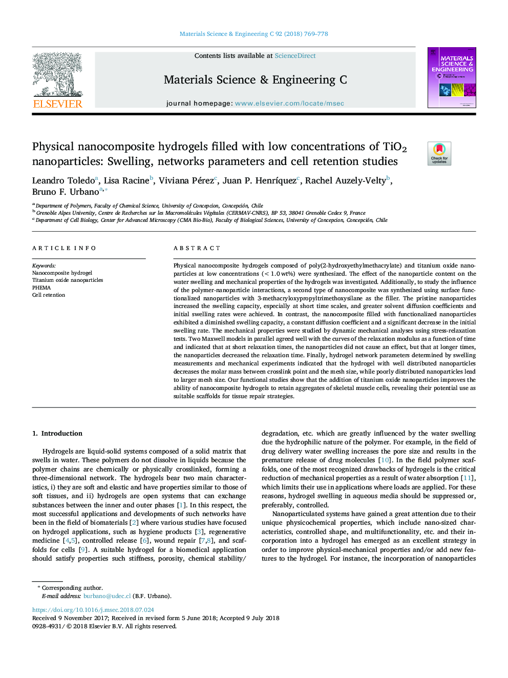 Physical nanocomposite hydrogels filled with low concentrations of TiO2 nanoparticles: Swelling, networks parameters and cell retention studies