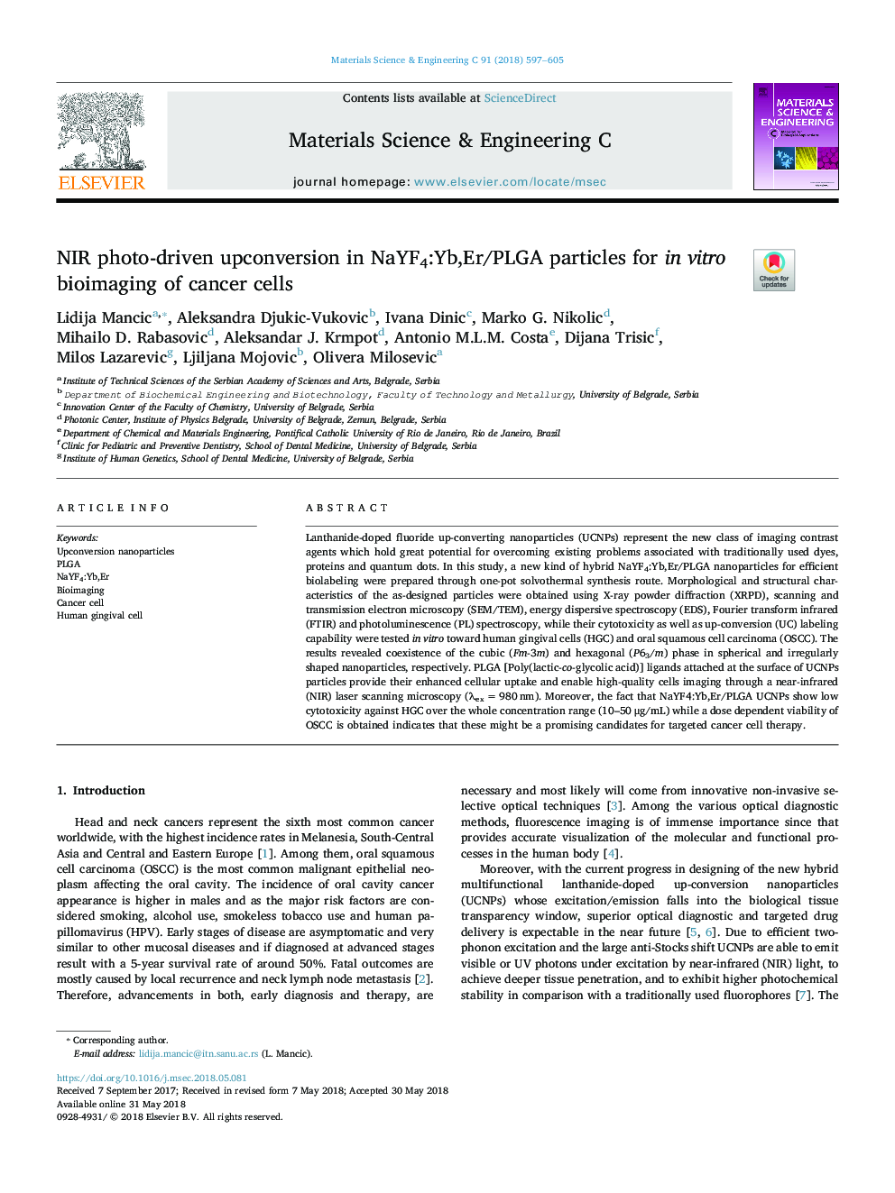 NIR photo-driven upconversion in NaYF4:Yb,Er/PLGA particles for in vitro bioimaging of cancer cells