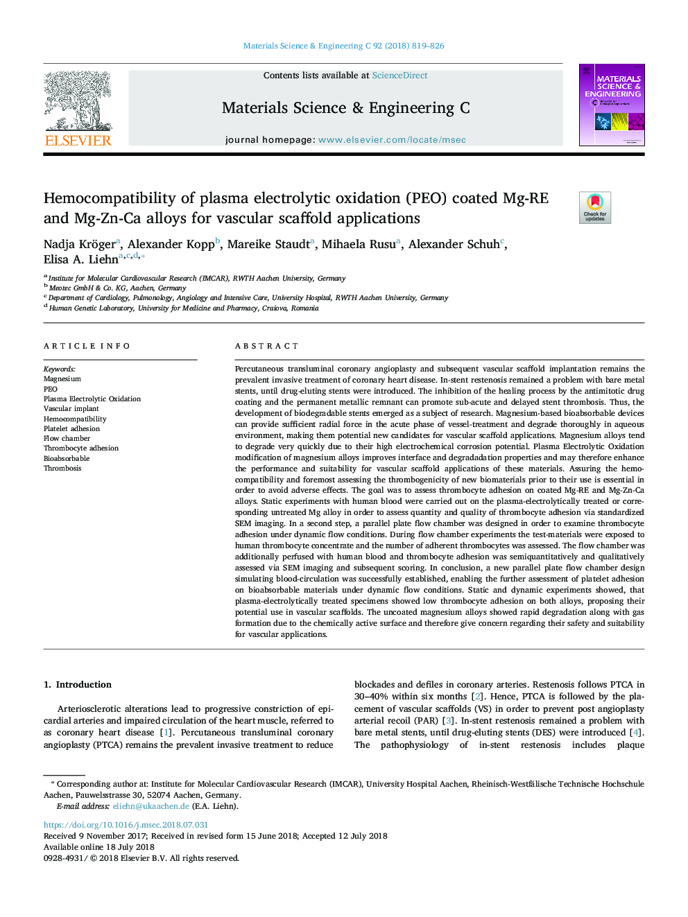 Hemocompatibility of plasma electrolytic oxidation (PEO) coated Mg-RE and Mg-Zn-Ca alloys for vascular scaffold applications