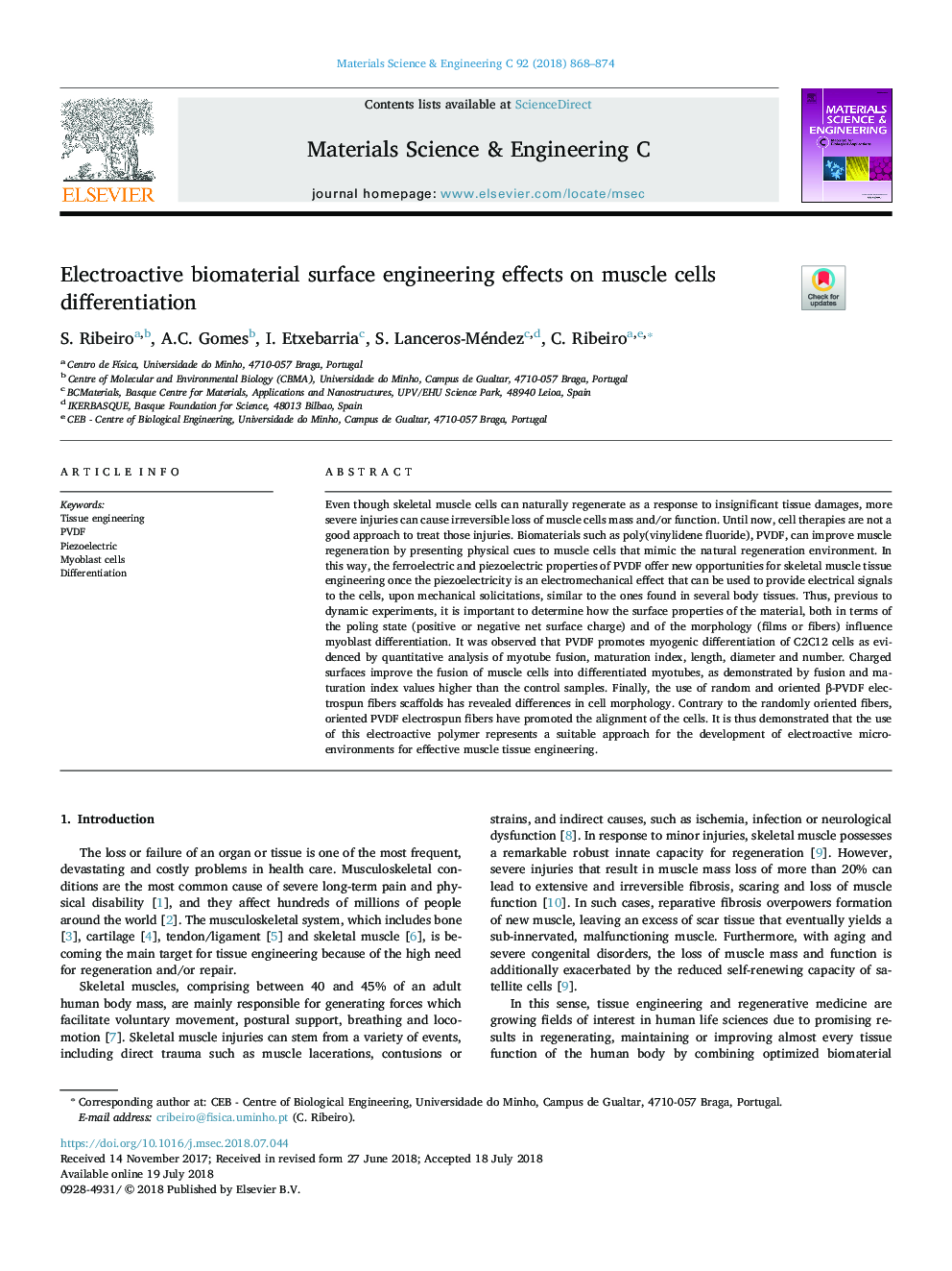 Electroactive biomaterial surface engineering effects on muscle cells differentiation