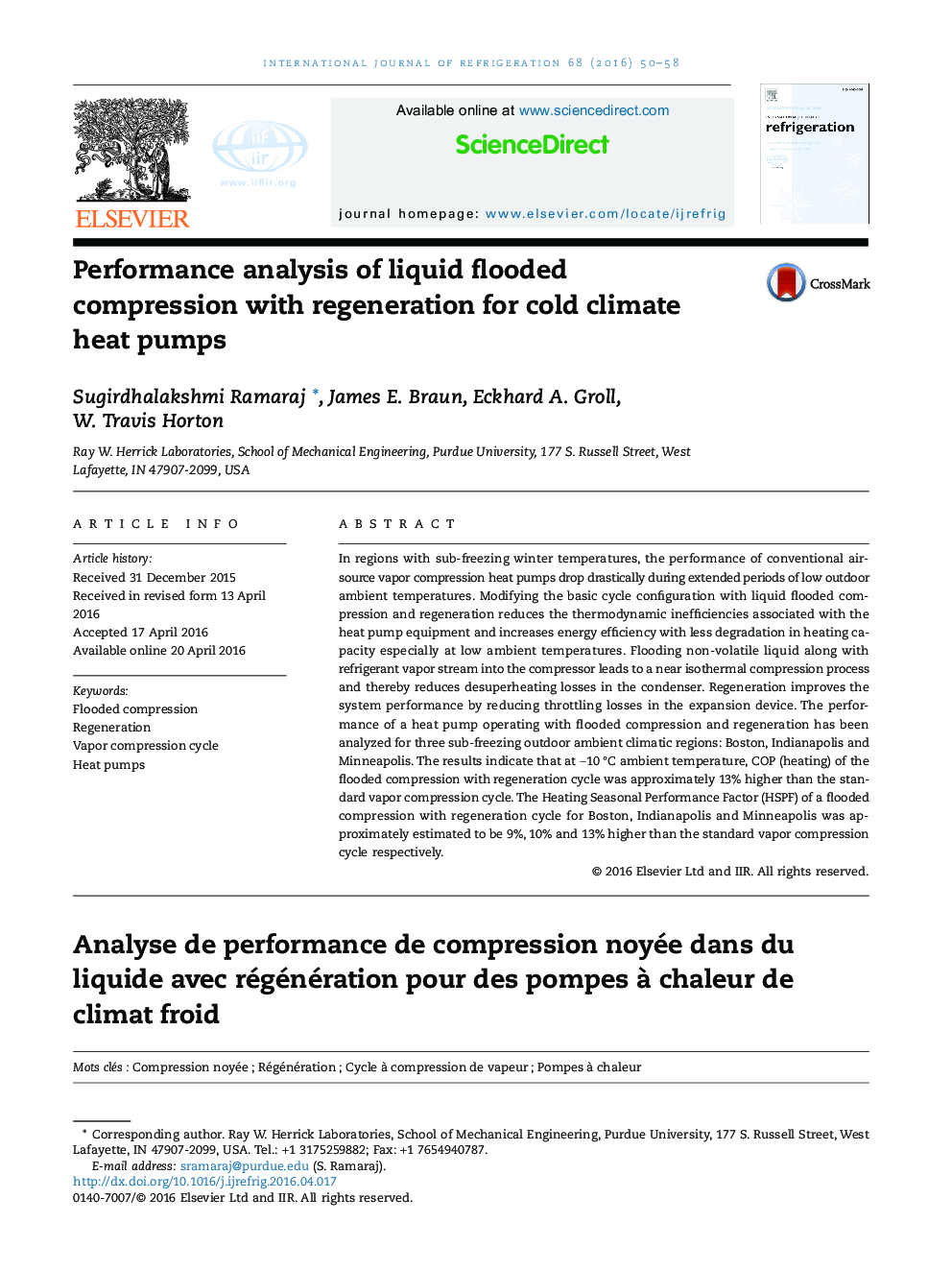 Performance analysis of liquid flooded compression with regeneration for cold climate heat pumps