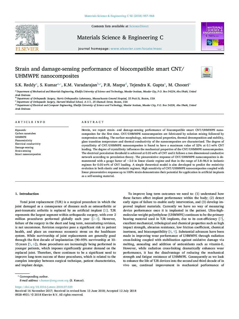 Strain and damage-sensing performance of biocompatible smart CNT/UHMWPE nanocomposites