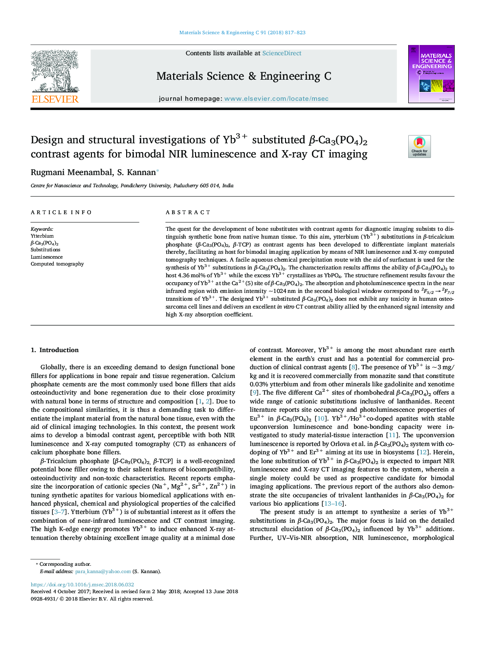 Design and structural investigations of Yb3+ substituted Î²-Ca3(PO4)2 contrast agents for bimodal NIR luminescence and X-ray CT imaging