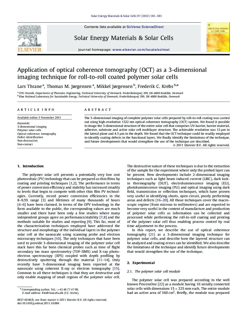 Application of optical coherence tomography (OCT) as a 3-dimensional imaging technique for roll-to-roll coated polymer solar cells