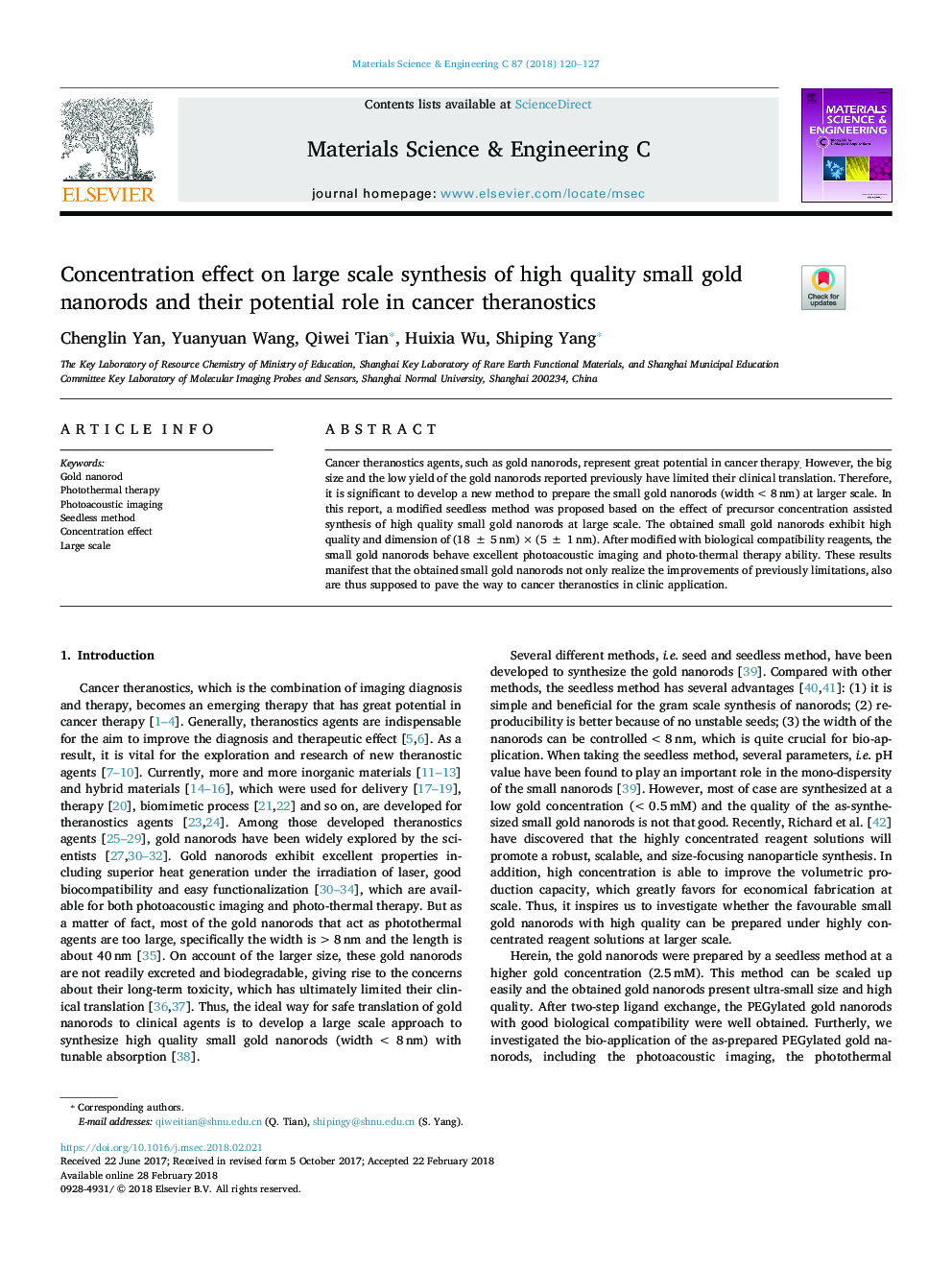 Concentration effect on large scale synthesis of high quality small gold nanorods and their potential role in cancer theranostics