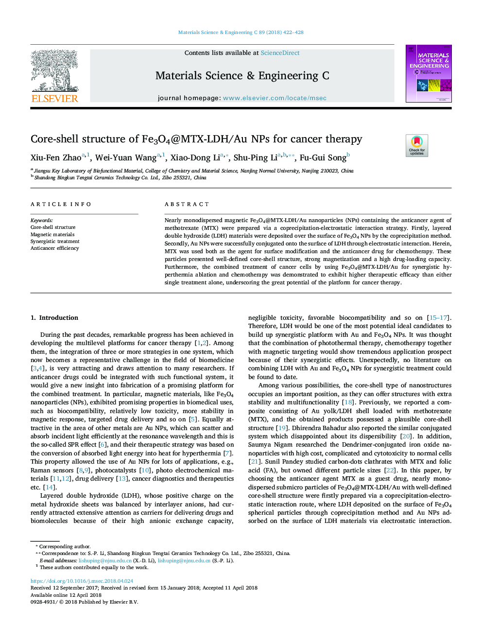 Core-shell structure of Fe3O4@MTX-LDH/Au NPs for cancer therapy