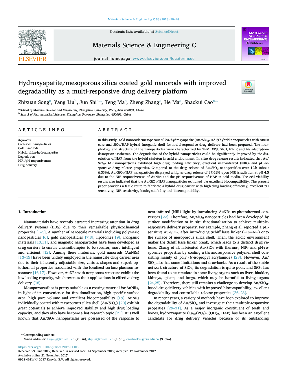 Hydroxyapatite/mesoporous silica coated gold nanorods with improved degradability as a multi-responsive drug delivery platform