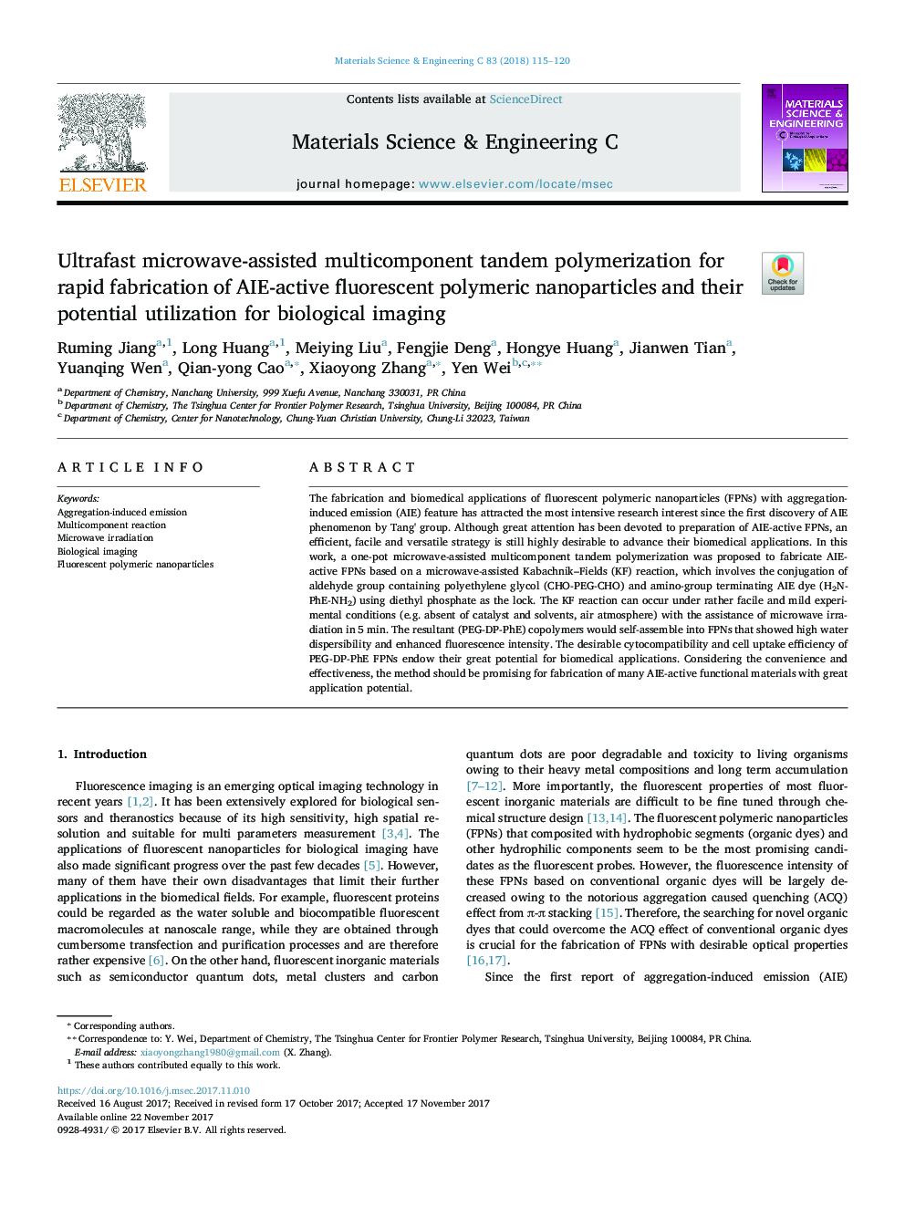 Ultrafast microwave-assisted multicomponent tandem polymerization for rapid fabrication of AIE-active fluorescent polymeric nanoparticles and their potential utilization for biological imaging