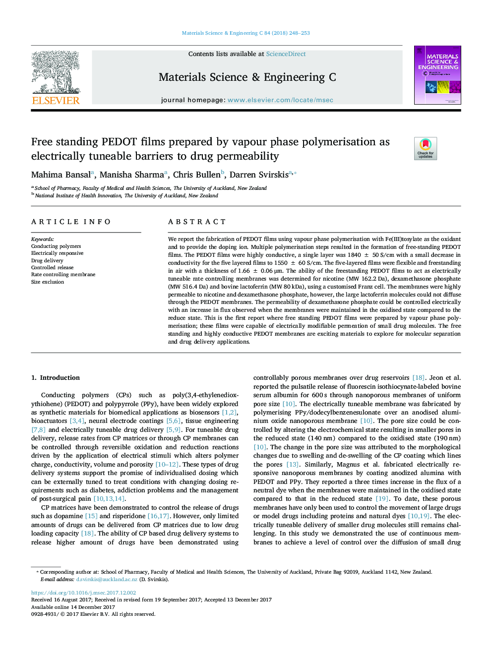 Free standing PEDOT films prepared by vapour phase polymerisation as electrically tuneable barriers to drug permeability