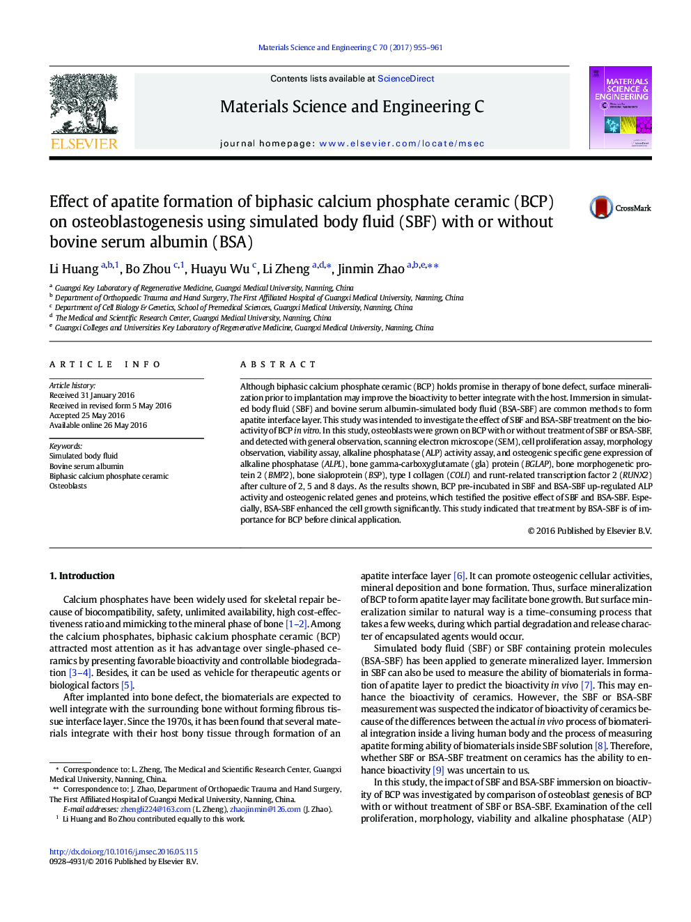 Effect of apatite formation of biphasic calcium phosphate ceramic (BCP) on osteoblastogenesis using simulated body fluid (SBF) with or without bovine serum albumin (BSA)