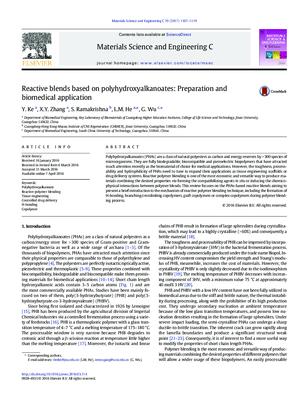 Reactive blends based on polyhydroxyalkanoates: Preparation and biomedical application