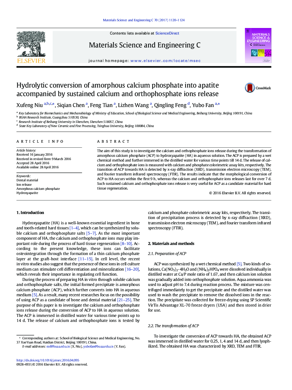 Hydrolytic conversion of amorphous calcium phosphate into apatite accompanied by sustained calcium and orthophosphate ions release