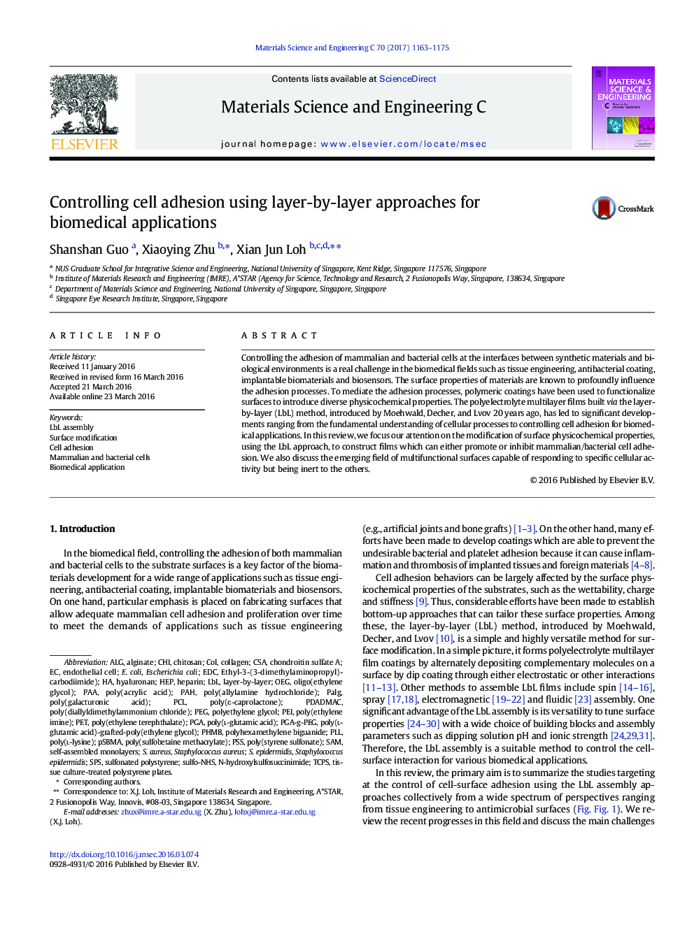 Controlling cell adhesion using layer-by-layer approaches for biomedical applications