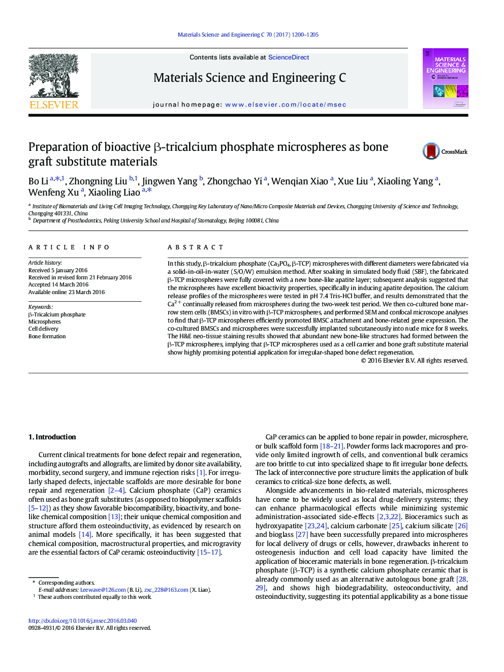 Preparation of bioactive Î²-tricalcium phosphate microspheres as bone graft substitute materials