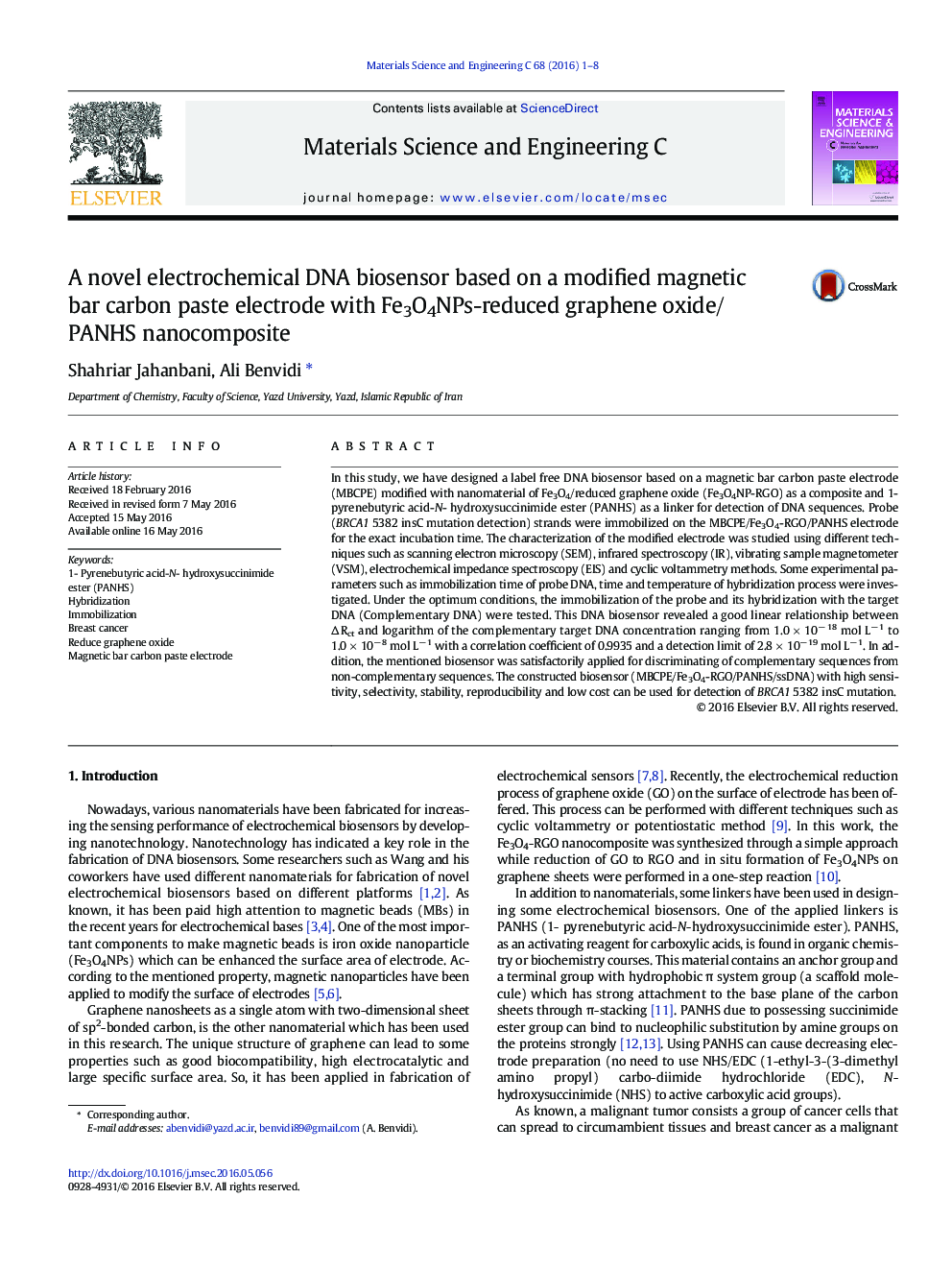 A novel electrochemical DNA biosensor based on a modified magnetic bar carbon paste electrode with Fe3O4NPs-reduced graphene oxide/PANHS nanocomposite