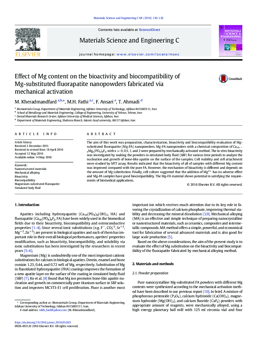 Effect of Mg content on the bioactivity and biocompatibility of Mg-substituted fluorapatite nanopowders fabricated via mechanical activation