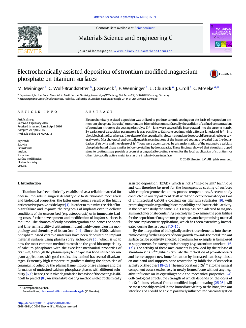 Electrochemically assisted deposition of strontium modified magnesium phosphate on titanium surfaces