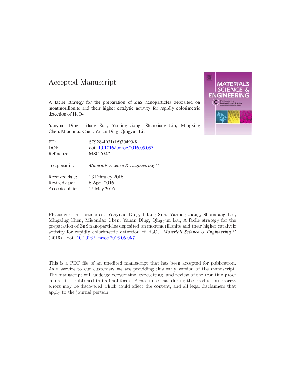 A facile strategy for the preparation of ZnS nanoparticles deposited on montmorillonite and their higher catalytic activity for rapidly colorimetric detection of H2O2