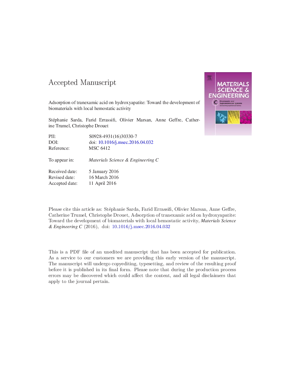 Adsorption of tranexamic acid on hydroxyapatite: Toward the development of biomaterials with local hemostatic activity