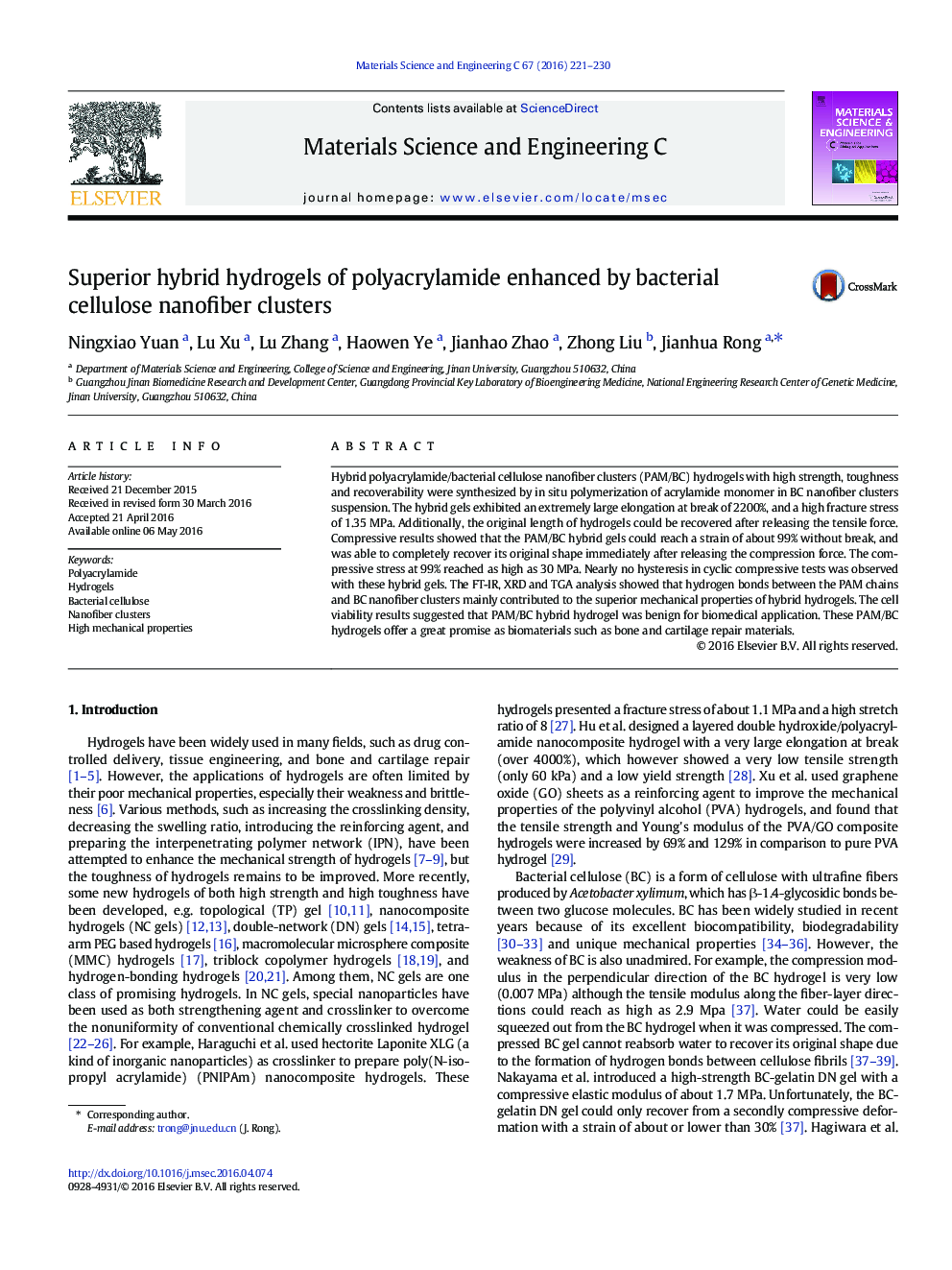 Superior hybrid hydrogels of polyacrylamide enhanced by bacterial cellulose nanofiber clusters