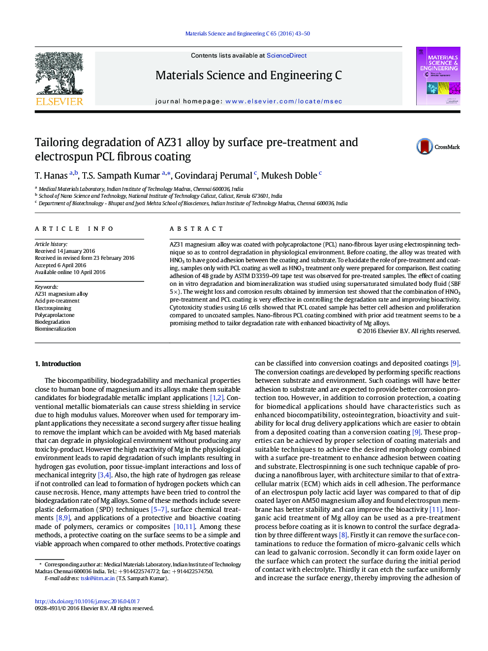 Tailoring degradation of AZ31 alloy by surface pre-treatment and electrospun PCL fibrous coating