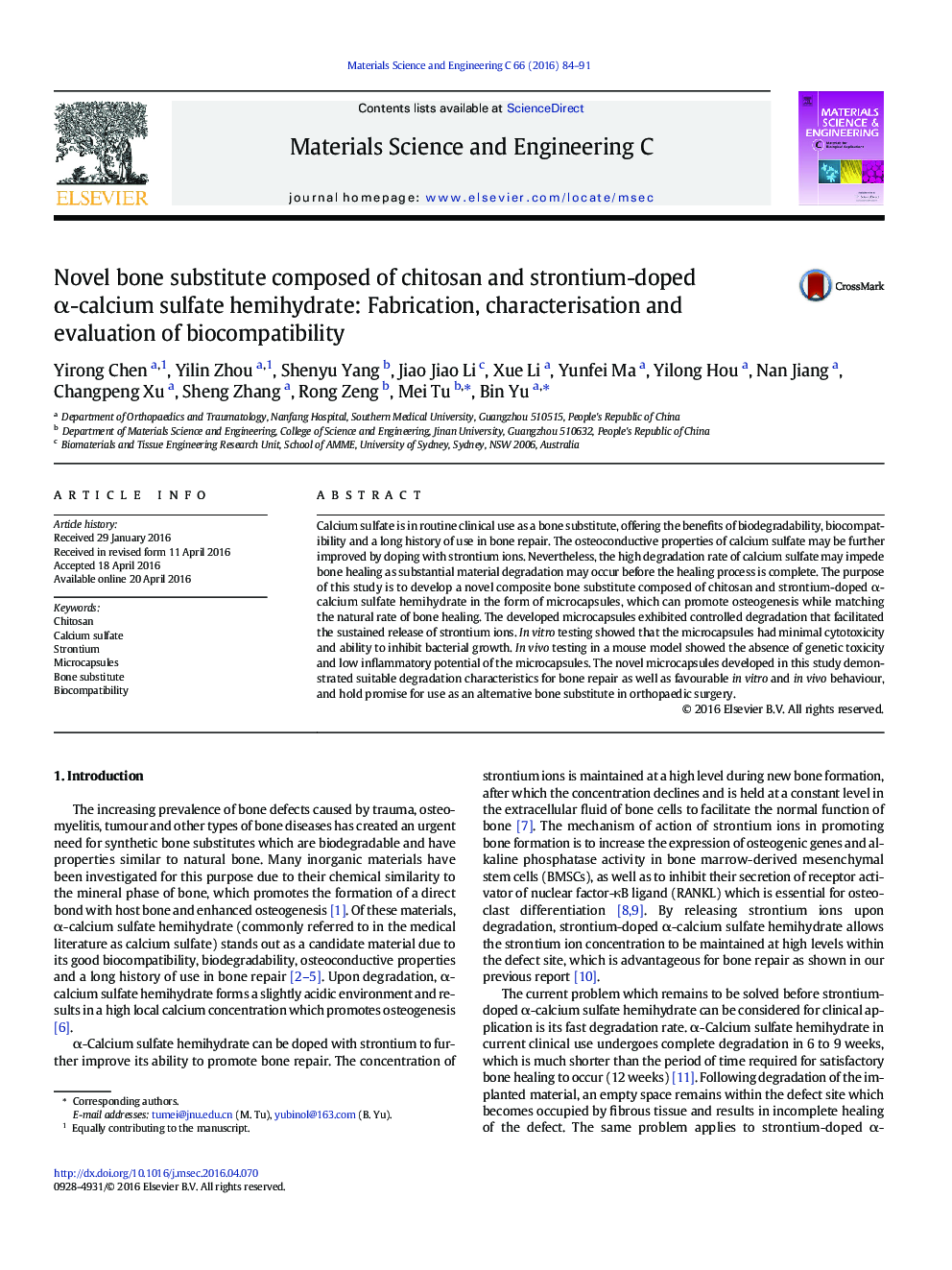 Novel bone substitute composed of chitosan and strontium-doped Î±-calcium sulfate hemihydrate: Fabrication, characterisation and evaluation of biocompatibility
