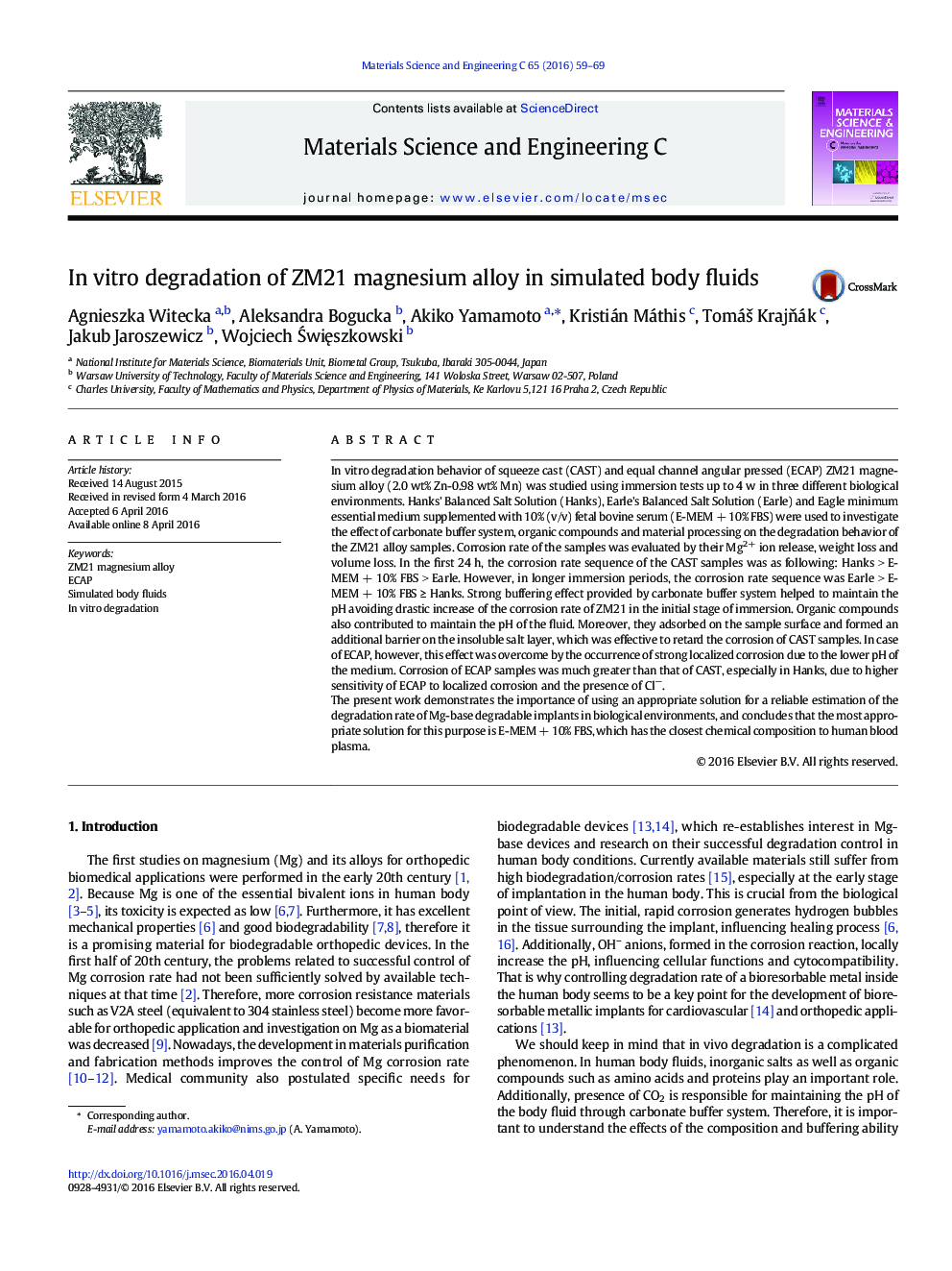 In vitro degradation of ZM21 magnesium alloy in simulated body fluids