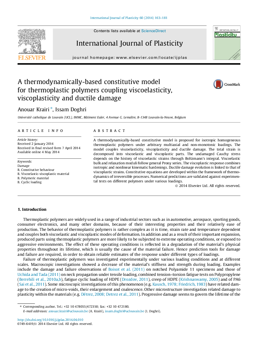 A thermodynamically-based constitutive model for thermoplastic polymers coupling viscoelasticity, viscoplasticity and ductile damage