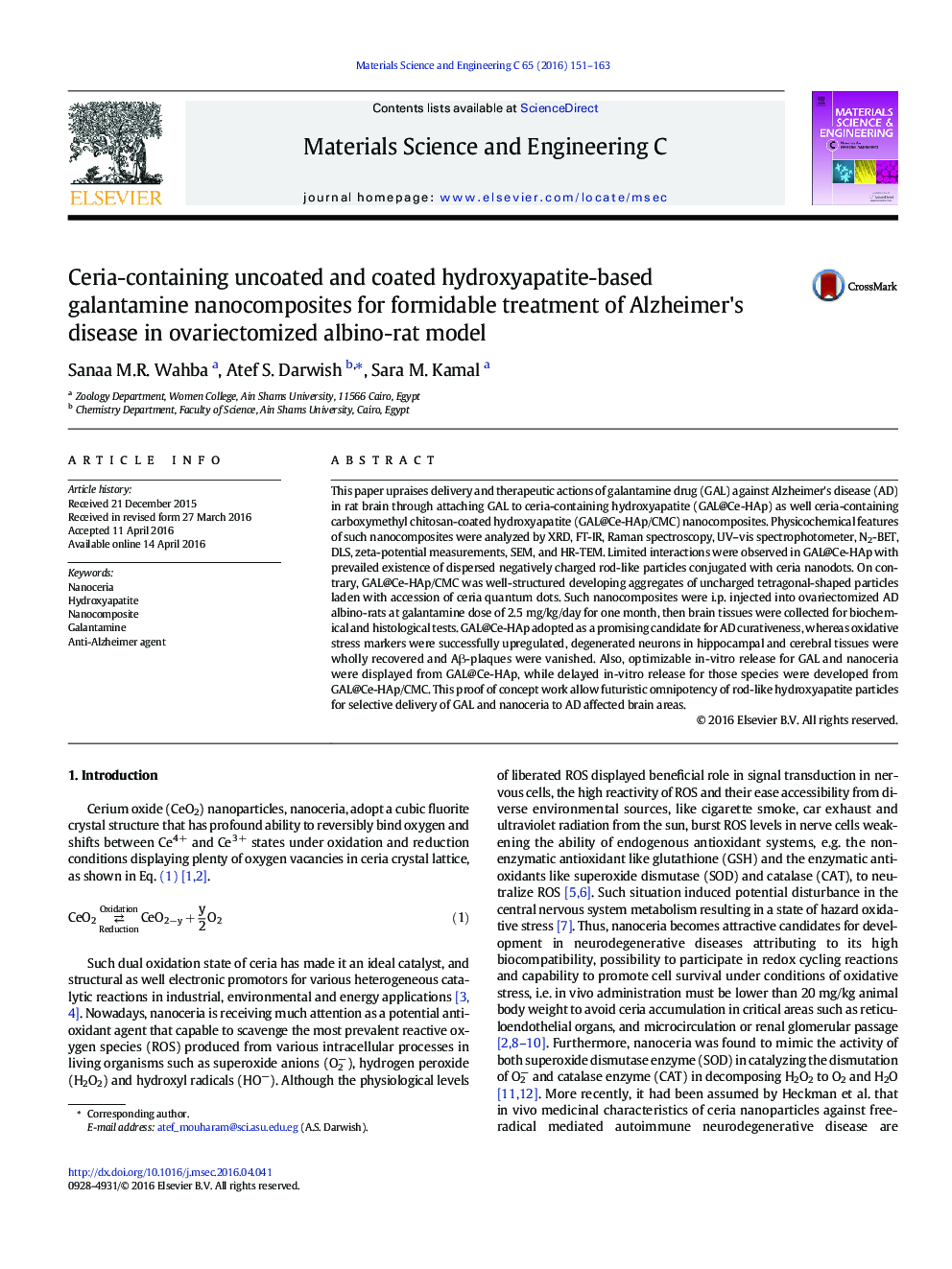 Ceria-containing uncoated and coated hydroxyapatite-based galantamine nanocomposites for formidable treatment of Alzheimer's disease in ovariectomized albino-rat model