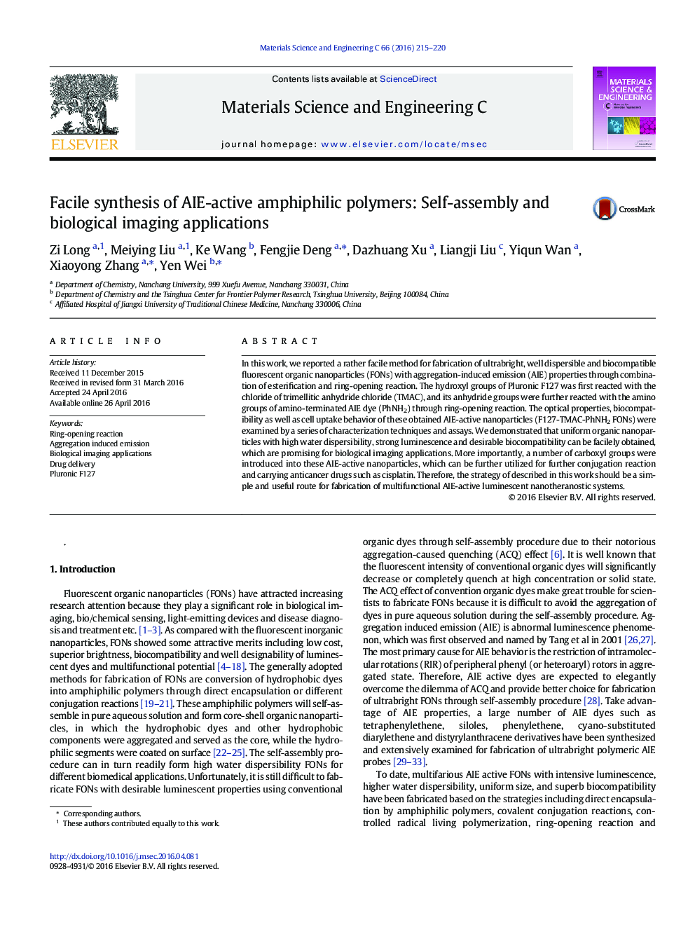 Facile synthesis of AIE-active amphiphilic polymers: Self-assembly and biological imaging applications