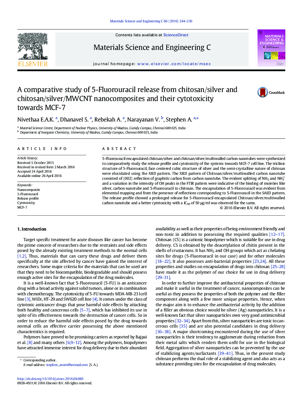 A comparative study of 5-Fluorouracil release from chitosan/silver and chitosan/silver/MWCNT nanocomposites and their cytotoxicity towards MCF-7