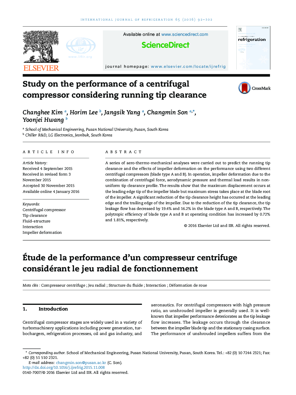 Study on the performance of a centrifugal compressor considering running tip clearance